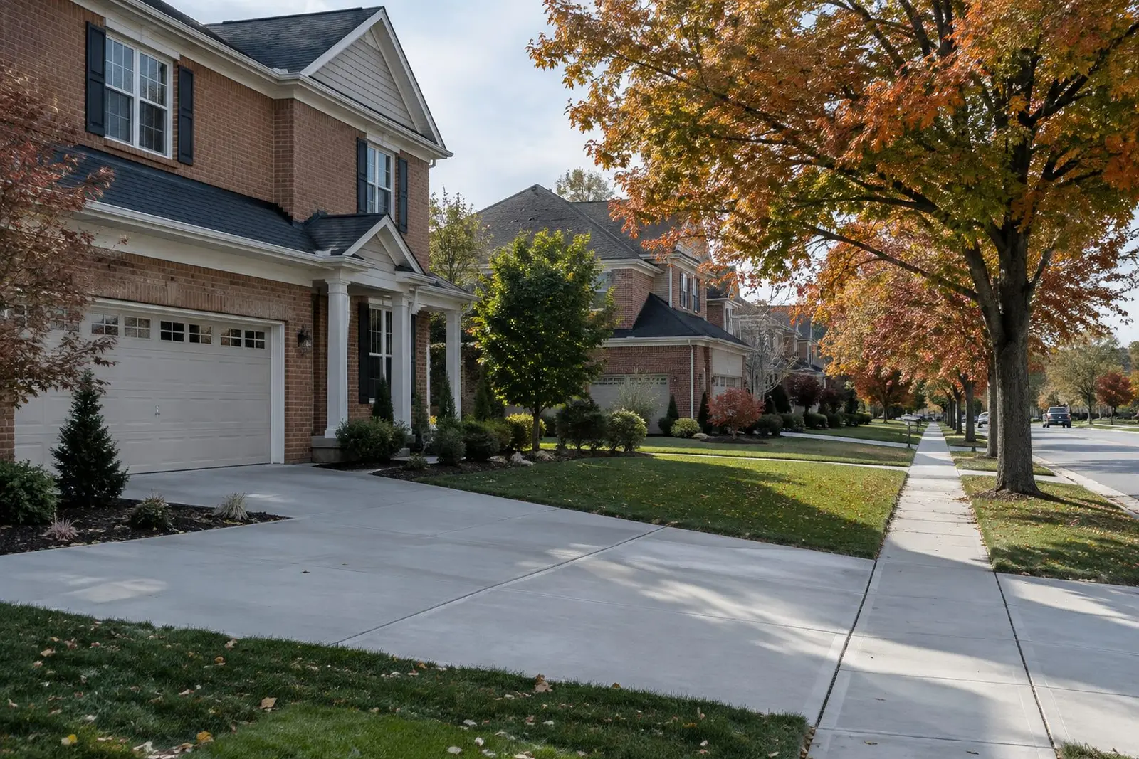 Suburban street with new concrete driveways and sidewalks in Fishers, IN