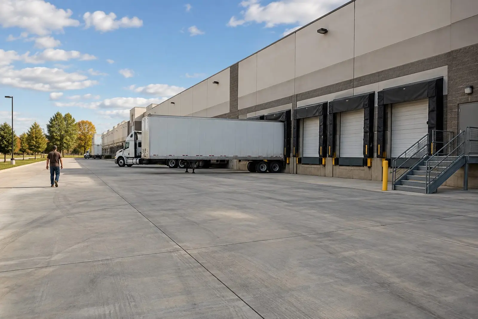 Heavy-duty concrete truck apron at a warehouse loading dock in Indianapolis, IN