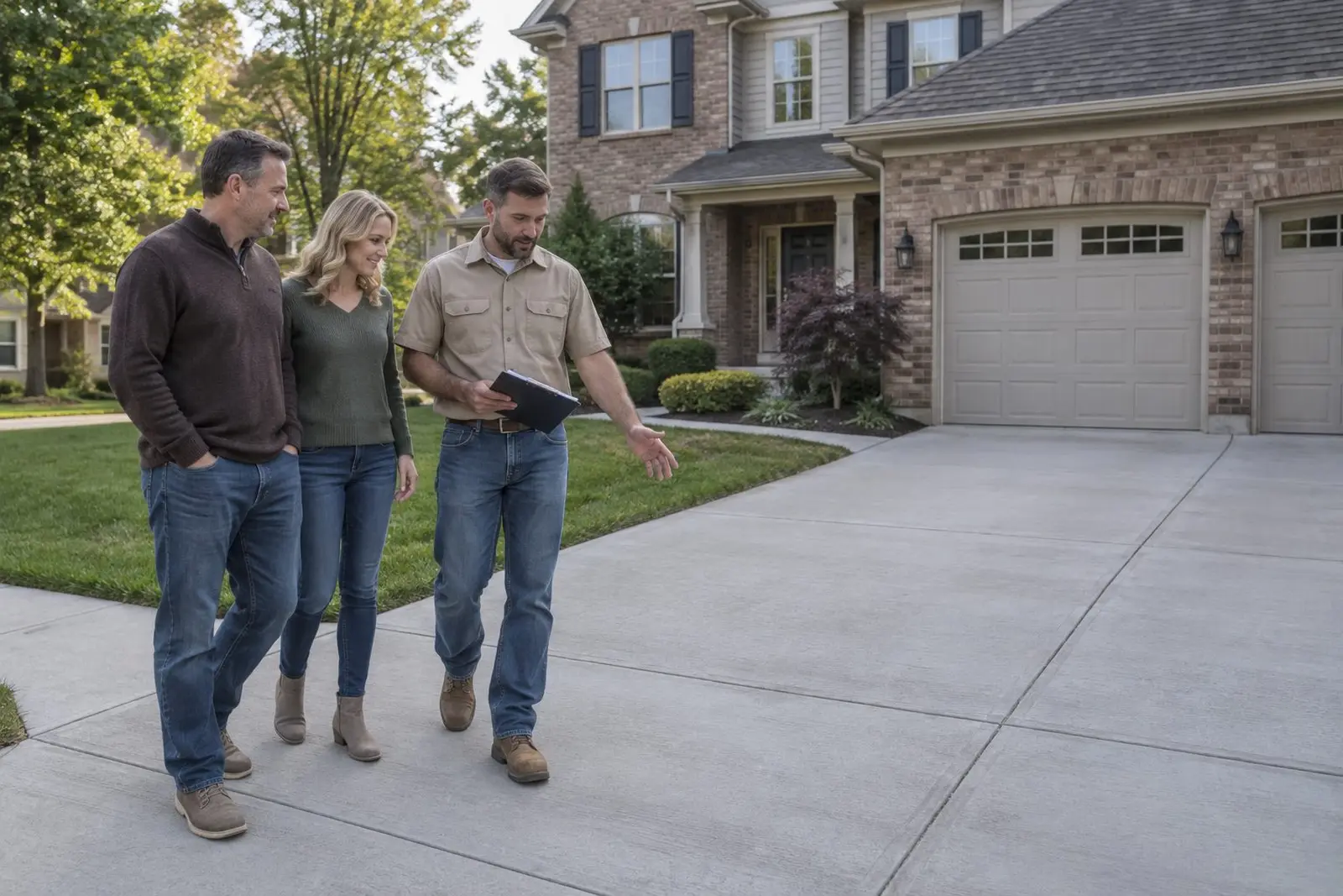 Concrete specialist walking a homeowner's driveway during a consultation in Indianapolis, IN