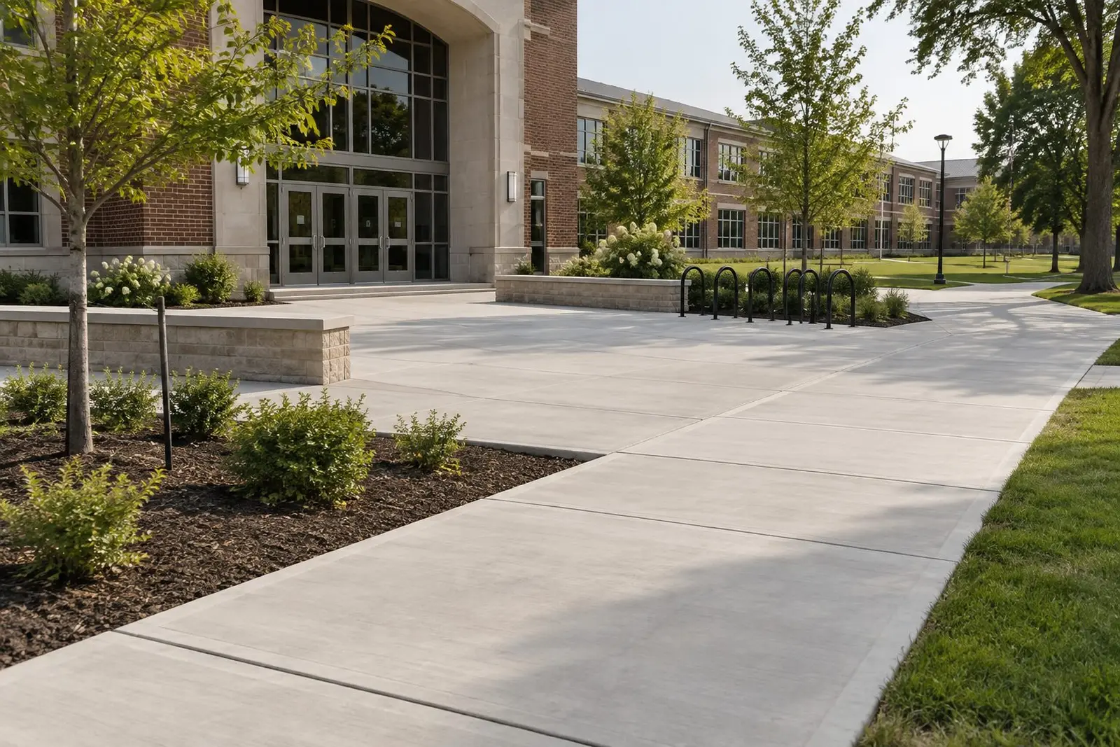 New concrete sidewalks at a school campus entrance in Indianapolis, IN
