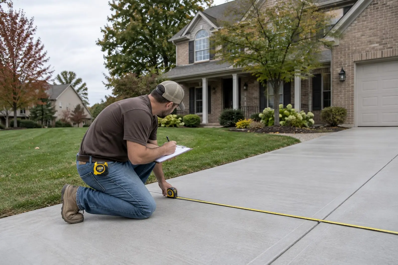 Concrete specialist measuring a driveway for an estimate in Indianapolis, IN
