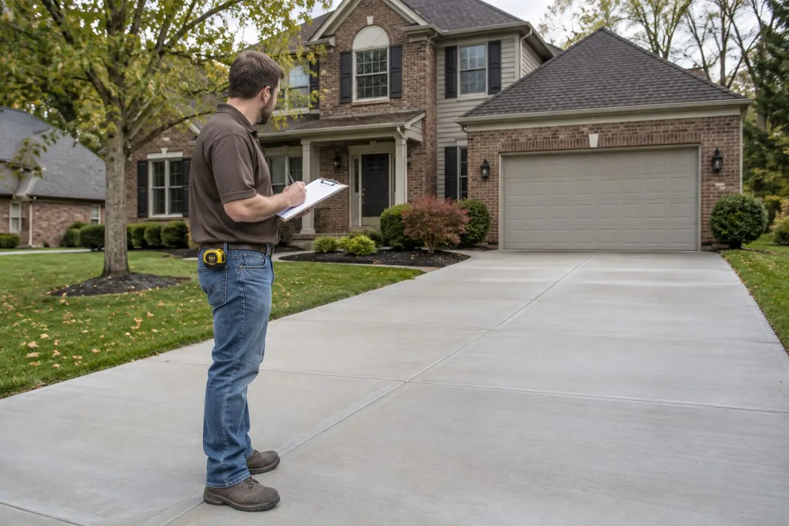 Concrete specialist taking notes on a driveway during an estimate visit in Indianapolis, IN