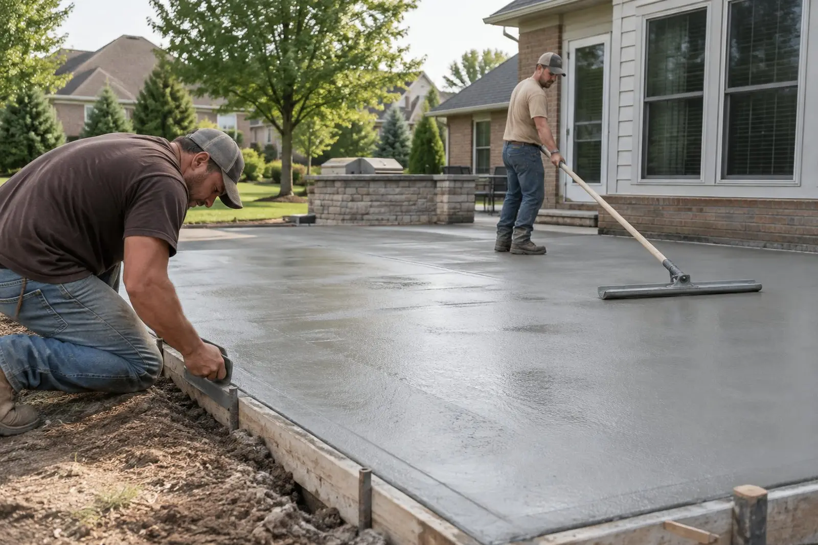 Crew edging and floating a fresh concrete patio in Indianapolis, IN