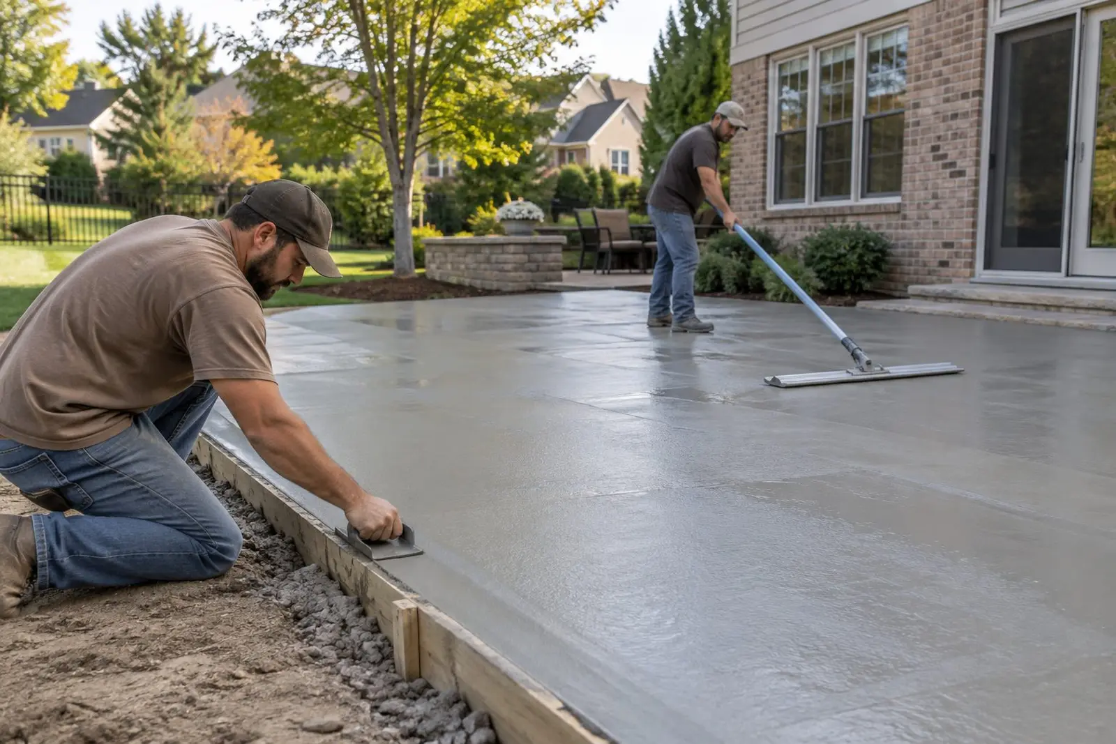 Concrete finisher smoothing a fresh slab with a hand trowel