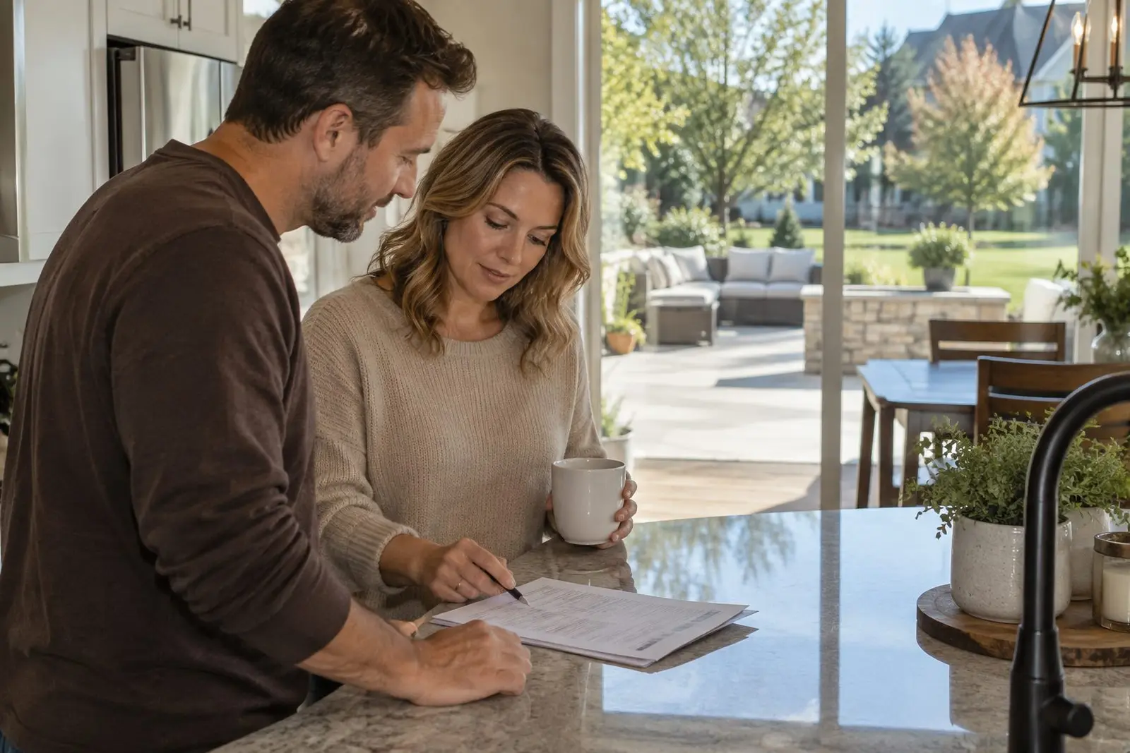 Homeowners reviewing a written itemized concrete estimate in Indianapolis, IN