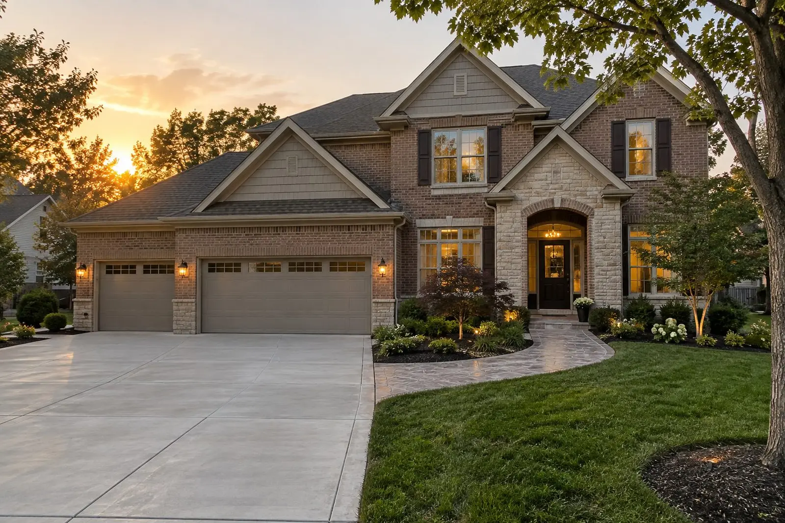 New concrete driveway and stamped walkway at a two-story home