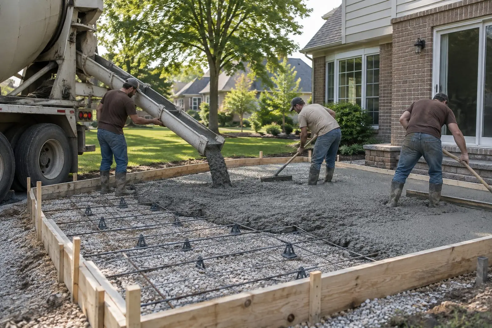 Ready-mix truck pouring concrete into patio forms in Brownsburg, IN