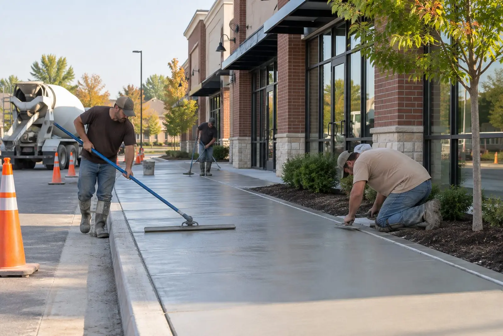 Crew finishing a new commercial concrete sidewalk and curb in Indianapolis, IN