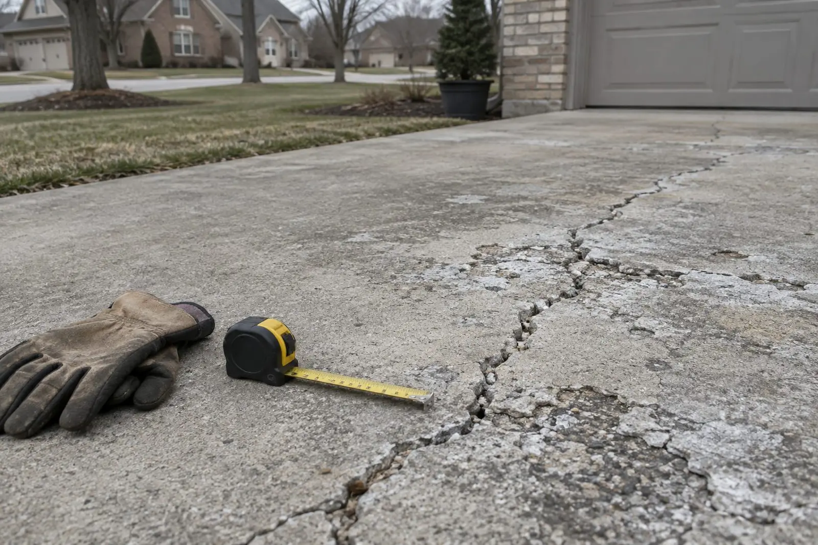 Cracked and spalled driveway concrete before repair in Indianapolis, IN