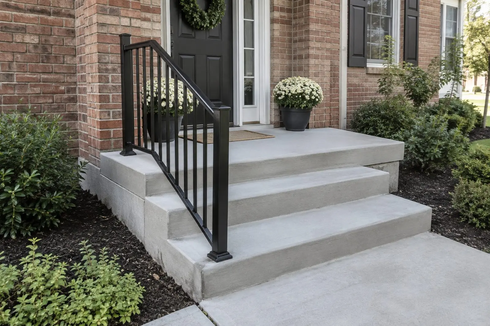New poured concrete front steps with a black handrail in Indianapolis, IN
