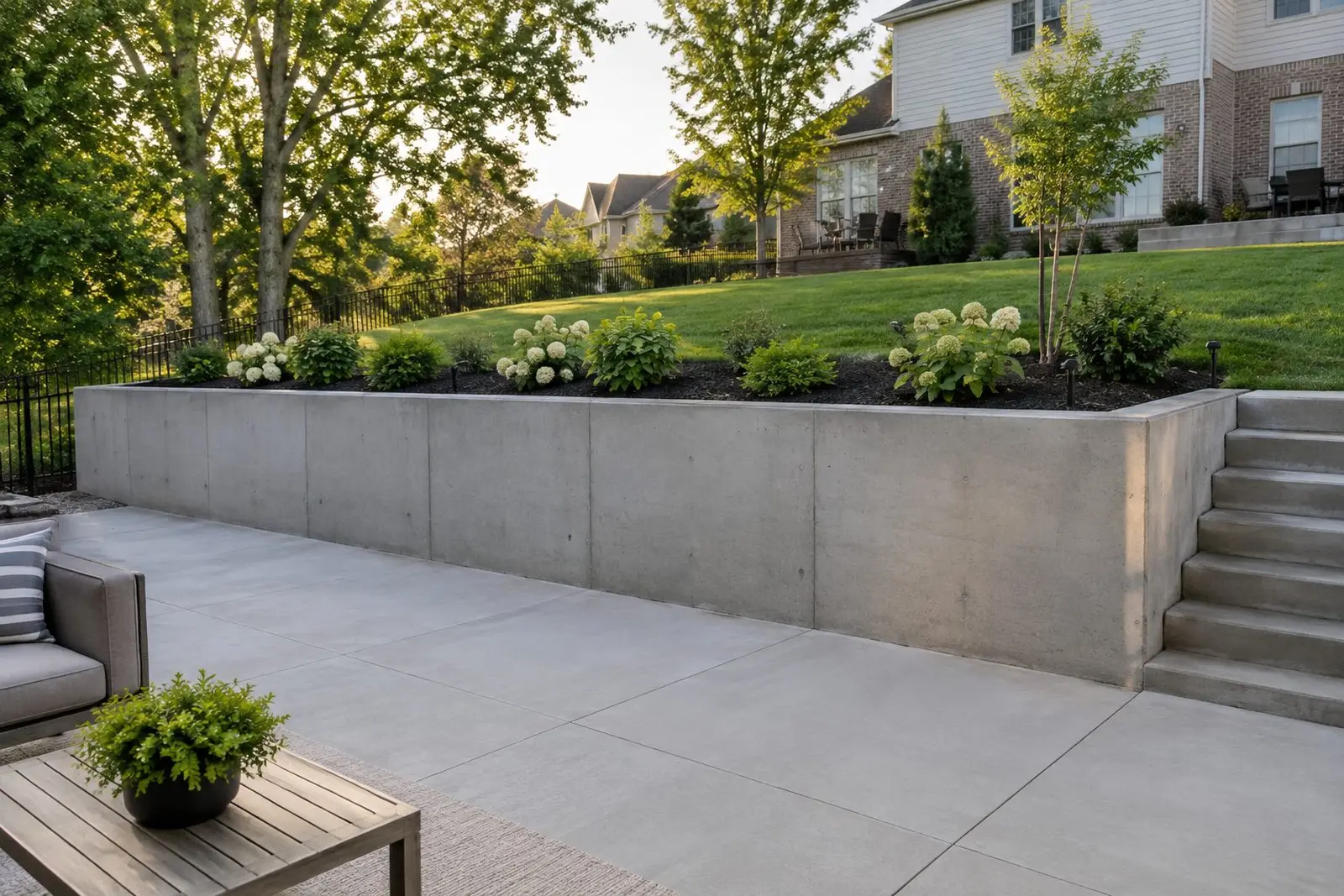 Concrete retaining wall creating a level backyard terrace in Indianapolis, IN